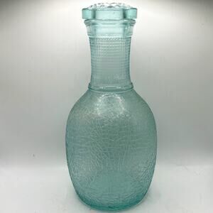 VNTG Aqua Colored Glass Refrigerator Water Bottle Decanter Crackle Design w/Top